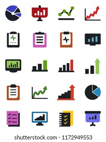 Color and black flat icon set - growth statistic vector, monitor, pulse clipboard, statistics, bar graph, pie, checklist, point, presentation
