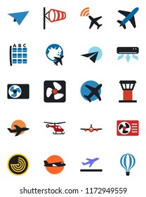 Color and black flat icon set - plane vector, airport tower, radar, departure, wind, helicopter, seat map, globe, air conditioner, fan, paper, balloon