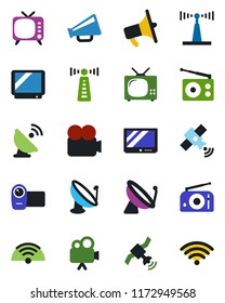 Color and black flat icon set - antenna vector, satellite, radio, loudspeaker, tv, video camera, wireless