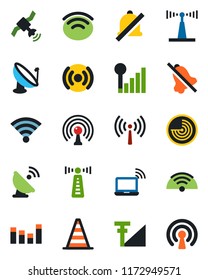 Color and black flat icon set - antenna vector, wireless notebook, border cone, radar, satellite, equalizer, mute, cellular signal