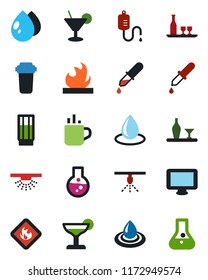 Color and black flat icon set - hot cup vector, water drop, dropper, flammable, monitor, alcohol, drink, cocktail, filter, sprinkler, flask