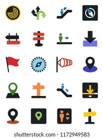 Color and black flat icon set - elevator vector, escalator, signpost, wind, radar, route, pin, download, place tag, compass, flag, guidepost