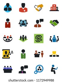 Color and black flat icon set - passport control vector, speaking man, meeting, hospital, doctor, client, speaker, company, hr, waiter, fingerprint, consumer search, handshake, hierarchy