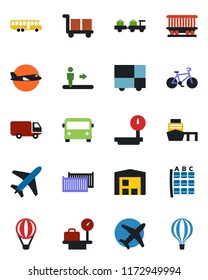 Color and black flat icon set - plane vector, airport bus, escalator, baggage larry, seat map, luggage scales, bike, railroad, cargo container, car delivery, sea port, consolidated, heavy, warehouse