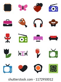 Color and black flat icon set - cafe vector, case, stamp, butterfly, tulip, radio, tv, headphones, heart, office chair, cushioned furniture, restaurant table, dress code, ham, chip