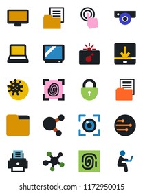 Color and black flat icon set - bomb in case vector, lock, virus, folder document, tv, touch screen, monitor, share, network, download, printer, notebook pc, fingerprint, web camera, eye scan