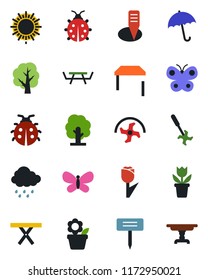 Color and black flat icon set - umbrella vector, sun, flower in pot, ripper, tree, butterfly, lady bug, rain, plant label, picnic table, tulip