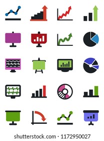 Color and black flat icon set - growth statistic vector, presentation board, crisis graph, circle chart, monitor pulse, statistics, bar, pie, point