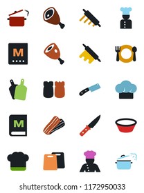 Color and black flat icon set - cook vector, cafe, hat, menu, bacon, salt and pepper, ham, bowl, rolling pin, cutting board, knife, steaming pan