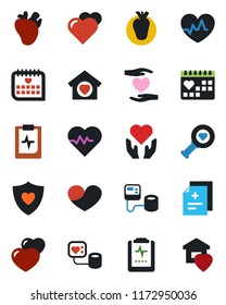 Color and black flat icon set - heart vector, pulse, diagnosis, blood pressure, diagnostic, shield, hand, real, medical calendar, clipboard, sweet home