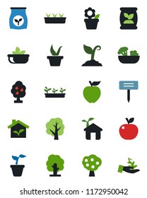 Color and black flat icon set - flower in pot vector, seedling, tree, sproute, plant label, fertilizer, fruit, salad, apple, eco house, palm
