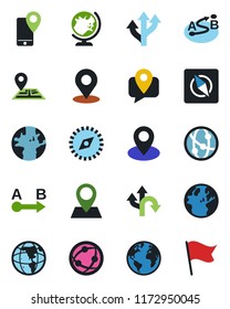 Color and black flat icon set - globe vector, route, navigation, earth, pin, mobile tracking, network, place tag, compass, flag