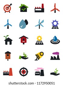 Color and black flat icon set - factory vector, bird house, target, sun panel, windmill, eco, water, palm sproute