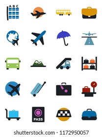 Color and black flat icon set - plane vector, runway, taxi, suitcase, baggage trolley, airport bus, umbrella, passport, ladder car, seat map, luggage storage, scales, globe, mountains, case