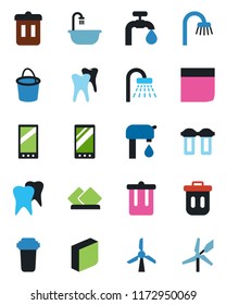 Color and black flat icon set - trash bin vector, shower, bucket, tooth, mobile, blank box, water supply, bathroom, serviette, filter, windmill