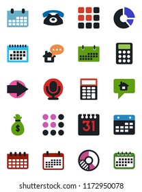 Color and black flat icon set - right arrow vector, calendar, circle chart, microphone, menu, calculator, phone, home message, money bag