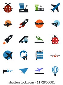 Color and black flat icon set - plane vector, departure, arrival, ladder car, boarding, seat map, globe, airport building, lady bug, rocket, paper, air balloon