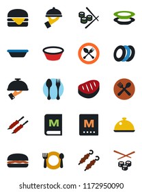 Color and black flat icon set - spoon and fork vector, dish, cafe, menu, plates, waiter, steak, kebab, hamburger, bowl, sushi
