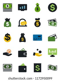 Color and black flat icon set - credit card vector, ticket office, dollar sign, money bag, statistic monitor, cash, receipt, wallet, investment