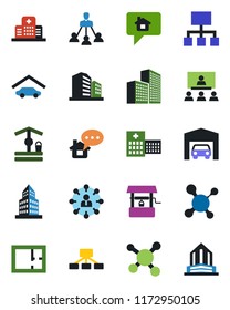 Color and black flat icon set - hierarchy vector, well, molecule, hospital, office building, garage, plan, home message