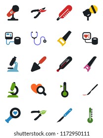 Color and black flat icon set - trowel vector, pruner, saw, stethoscope, blood pressure, thermometer, heart diagnostic, microscope, scalpel, microphone