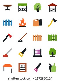 Color and black flat icon set - fence vector, tree, saw, fire, hoe, axe, abacus, table, alcove, cutting board