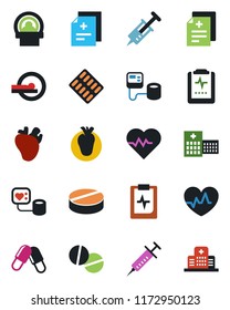Color and black flat icon set - heart pulse vector, diagnosis, syringe, blood pressure, pills, blister, tomography, real, clipboard, hospital
