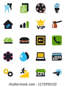 Color and black flat icon set - vip vector, water drop, diagnosis, ambulance star, tooth, store, term, reel, call, scanner, notebook pc, career ladder, smart home, hamburger, turkish coffee, gear