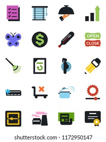 Color and black flat icon set - growth statistic vector, dollar sign, factory, document reload, rake, butterfly, thermometer, pregnancy, no trolley, scanner, brightness, news, checklist, pencil