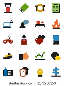 Color and black flat icon set - airport tower vector, baggage conveyor, wireless notebook, fire, office phone, sea shipping, gamepad, speaker, finger up, heart, ink pen, point graph, contract, cafe