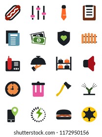 Color and black flat icon set - trash bin vector, luggage storage, tie, document, fence, axe, heart shield, cash, mobile tracking, clock, clipboard, radio phone, tuning, charge, waiter, hamburger