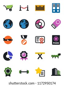 Color and black flat icon set - fence vector, passport, plane, office binder, medal, circle chart, wheelbarrow, caterpillar, picnic table, barbell, earth, barcode, favorites list, sertificate
