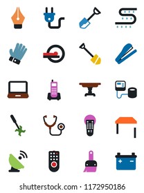 Color and black flat icon set - job vector, shovel, glove, drip irrigation, ripper, stethoscope, blood pressure, tomography, office phone, satellite antenna, remote control, laptop pc, themes, table