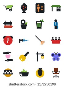 Color and black flat icon set - taxi vector, elevator, signpost, boarding, desk, flower in pot, rake, wheelbarrow, butterfly, garden light, heart hand, real, alarm, meeting, manager, fruit tree, key