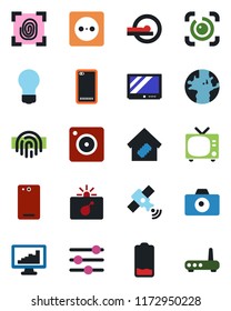 Color and black flat icon set - tv vector, bomb in case, camera, bulb, tomography, earth, satellite, low battery, phone back, mobile, tuning, eye id, fingerprint, monitor statistics, smart home
