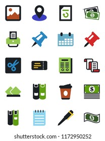 Color and black flat icon set - ticket vector, contract, book, pen, notepad, coffee, drawing pin, calendar, document reload, printer, cash, gallery, cut, serviette