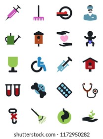 Color and black flat icon set - baby vector, disabled, rake, watering can, bird house, stethoscope, syringe, blood test vial, pills blister, tomography, heart hand, stomach, broken bone, doctor