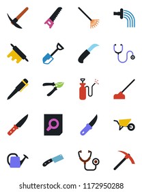 Color and black flat icon set - document search vector, pen, shovel, rake, watering can, wheelbarrow, pruner, saw, hoe, garden knife, sprayer, stethoscope, rolling pin, hard work