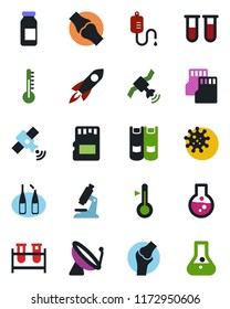 Color and black flat icon set - satellite antenna vector, book, blood test vial, dropper, microscope, ampoule, joint, virus, sd, thermometer, rocket, flask
