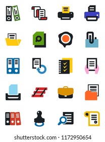 Color and black flat icon set - contract vector, office binder, document search, reload, stamp, printer, paper clip, folder, checklist, tray, case