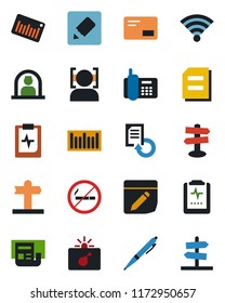 Color and black flat icon set - no smoking vector, bomb in case, reception, document, reload, pulse clipboard, signpost, office phone, barcode, mail, notes, wireless, face id, news, pen, guidepost