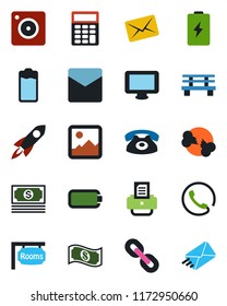 Color and black flat icon set - printer vector, bench, broken bone, cash, monitor, chain, battery, mobile camera, gallery, mail, calculator, rooms, phone, rocket