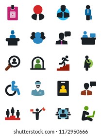 Color and black flat icon set - dispatcher vector, disabled, reception, speaking man, pedestal, manager place, doctor, pregnancy, client, speaker, group, identity card, hr, career ladder