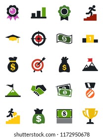 Color and black flat icon set - medal vector, graduate, money bag, cash, sertificate, bar graph, target, career ladder, motivation, handshake, pedestal, award cup