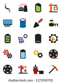Color and black flat icon set - factory vector, trowel, sickle, truck trailer, sea port, oil barrel, reel, battery, low, root setup, sun panel, crane, gear, hard work