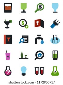 Color and black flat icon set - document search vector, bulb, blood test vial, ampoule, fragile, torch, water supply, estate, alcohol, wine card, drink, cocktail, phyto bar, money, flask