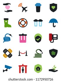 Color and black flat icon set - plane radar vector, fence, security gate, trash bin, boot, hose, patch, heart shield, hand, umbrella, estate insurance, intercome, water filter, home protect