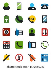 Color and black flat icon set - no mobile vector, phone, office, 24 hours, support, call, camera, sim, mute, charge, combination lock