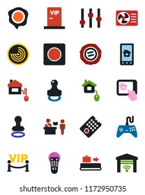 Color and black flat icon set - baggage conveyor vector, passport control, stamp, radar, gamepad, settings, remote, record, vip zone, home, air conditioner, app, garage gate