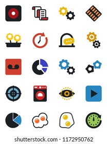 Color and black flat icon set - ticket office vector, washer, gear, contract, circle chart, pills blister, play button, rec, record, eye id, pie graph, target, flower in pot, omelette, clock